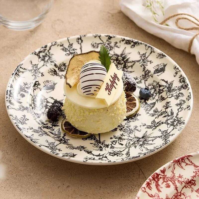 Vintage Floral Pattern Ceramic Shallow Round Dessert Steak Salad Dish Barbecue Plate Hotel Creative Tableware