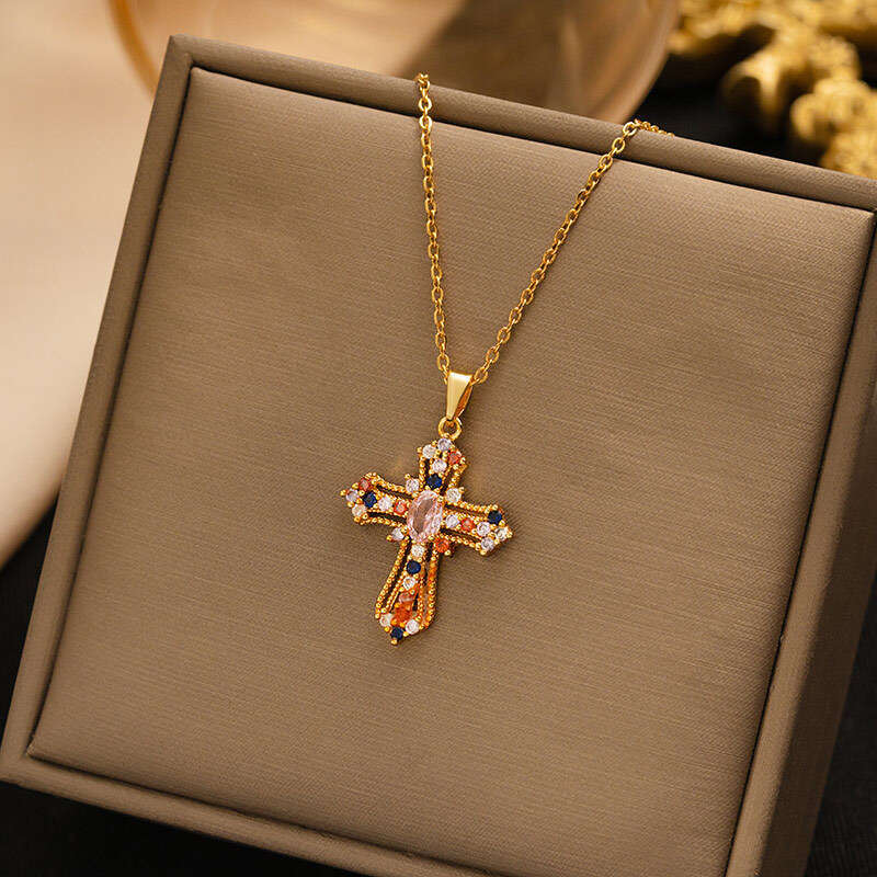 Necklace for Women Dainty Colorful Zircon Cross Pendant | Titanium Steel Clavicle Chain Fashion Daily Jewelry