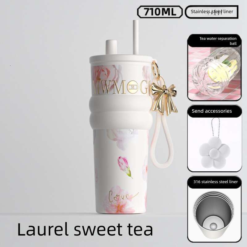 Floral Print Stylish Straw Insulated Water Bottle Large Capacity Portable For Women On The Go Car Friendly Ceramic Liner