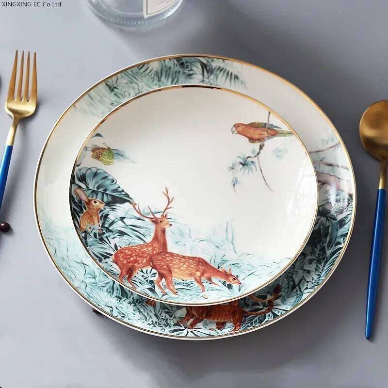 Ceramic Western Food Creative Jungle Animal Bone China Phnom Penh Tableware Household Round Plate 8 Inch
