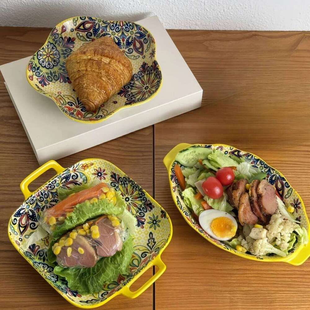 Bohemian ceramic set, double eared household steamed fish high value salad plate, cooking plate