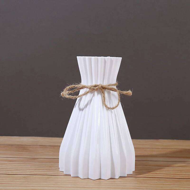 1Pc Narrow Waist Origami Striped Tabletop Simple Home Decor Creative Twine Bow Imitation Ceramic Plastic Flower Vase C260116