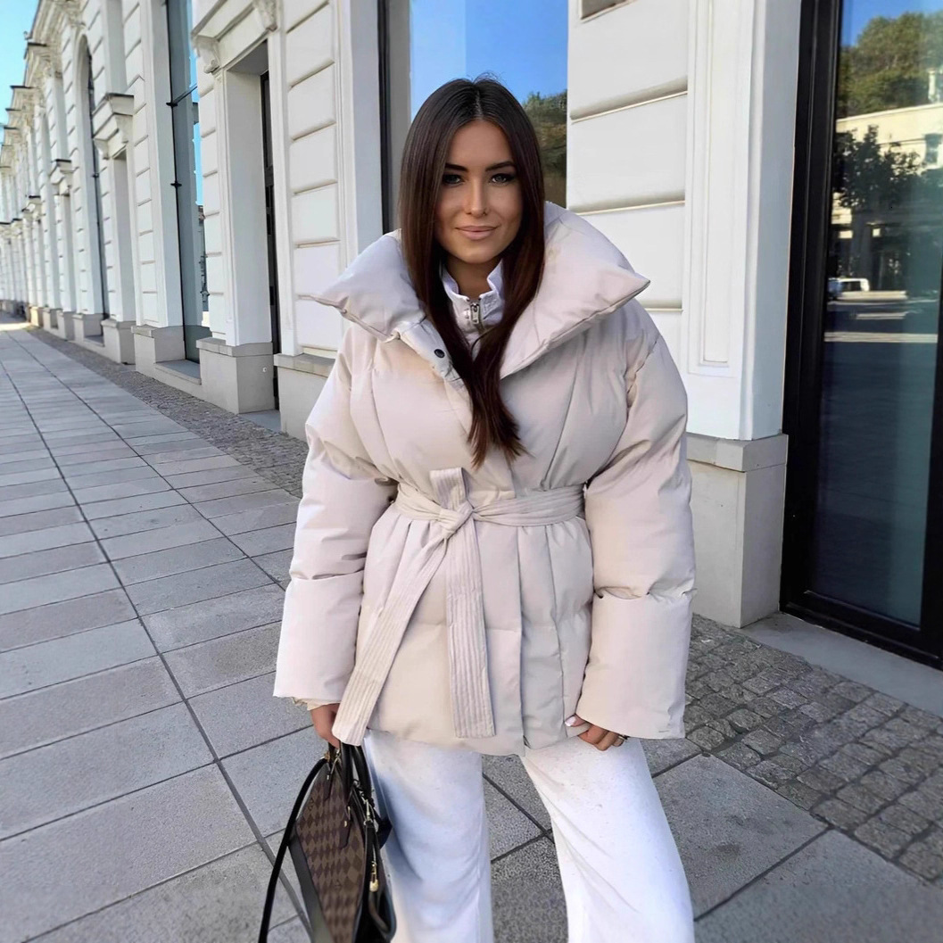 Women's Down Parkas Malina Thick Loose Parkas Women Fashion Solid Covered Button Coats Women Elegant Tie Belt Long Cotton Jackets Female Ladies 2