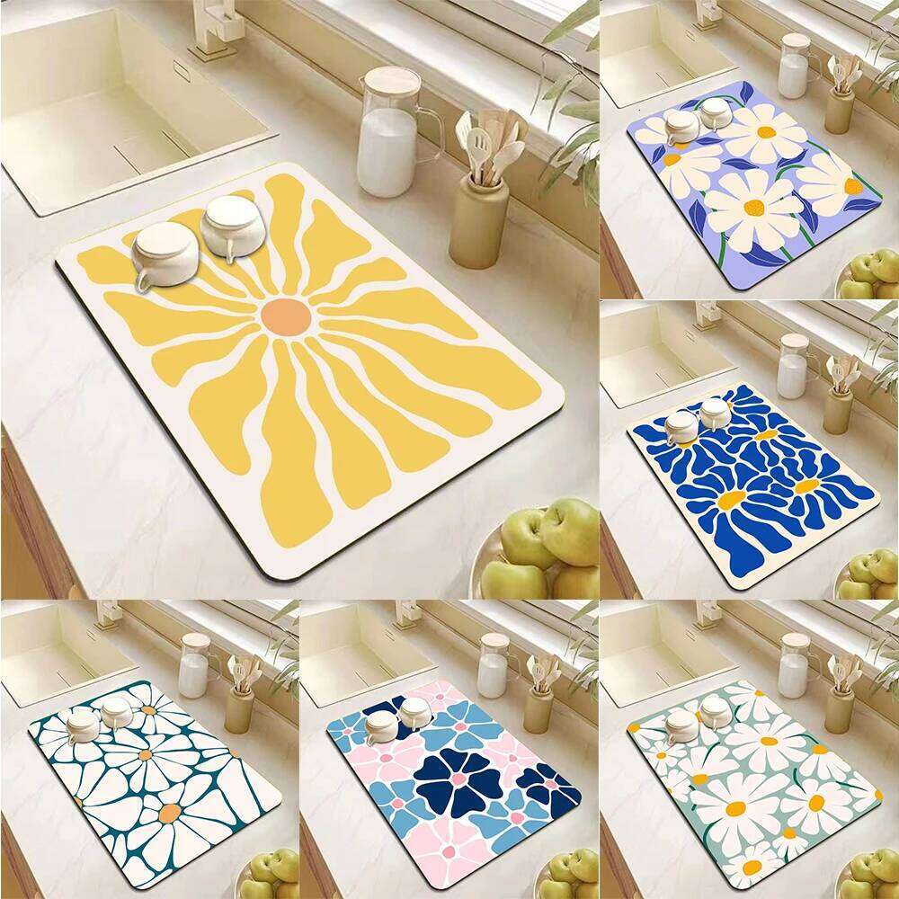 Abstract Floral Art Absorbent Drain Pad Mats Dish Drying Mat Anti-slip Tableware Placemat Kitchen Supplies Decoration