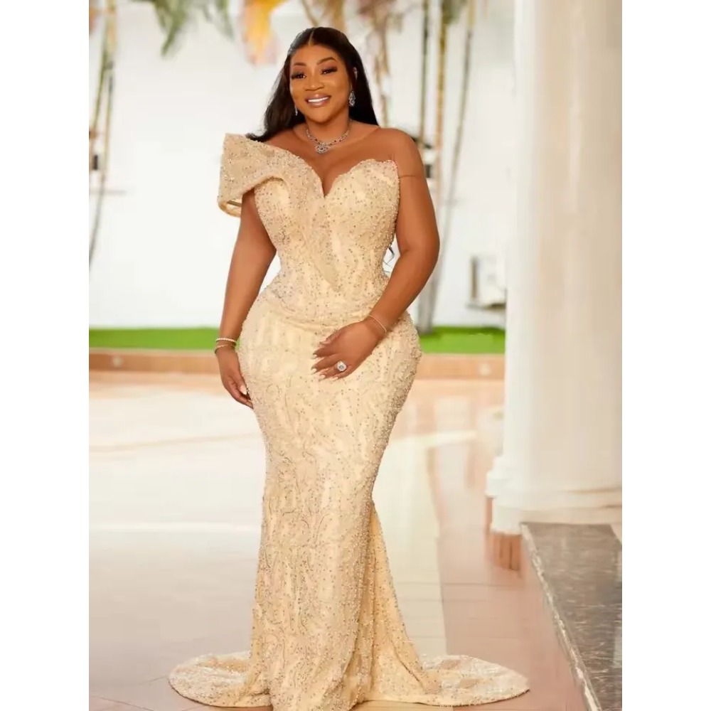 2026 Long Mermaid Prom Dresses Sequins Beaded Elegant One Shoulder Sheer Neck Special Occasion Formal Gowns Plus Size African Women Second Reception D