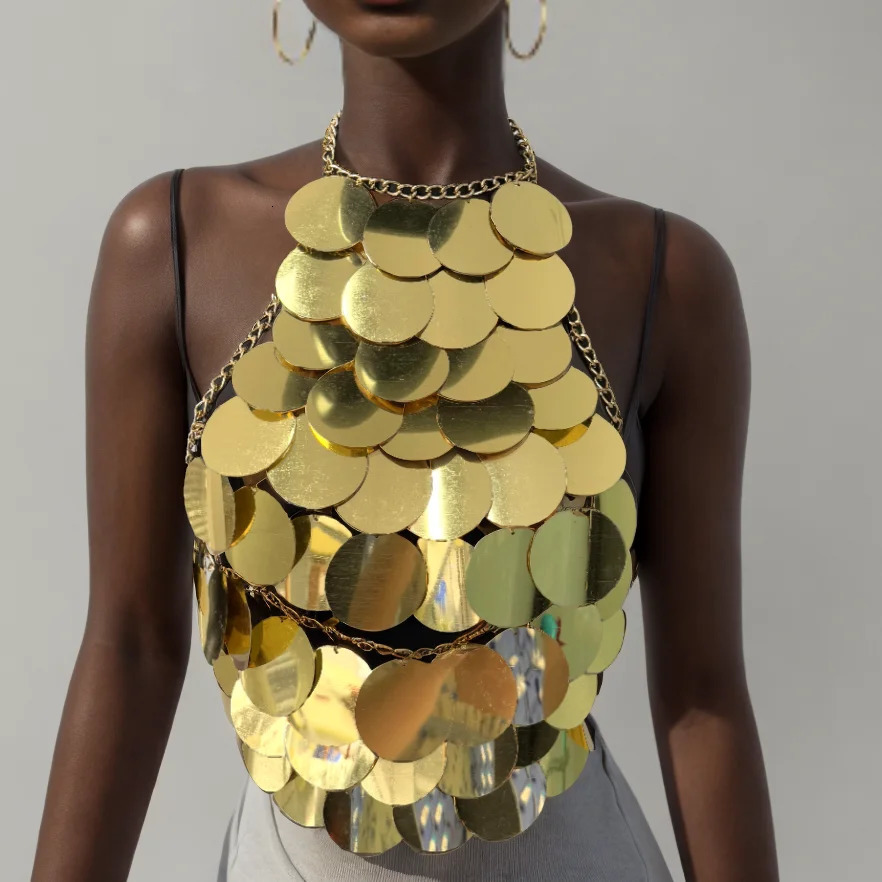 AKYZO European and American fashion sequin suspender sexy vest hand stitched gold circular hanging neck suspender top 260116