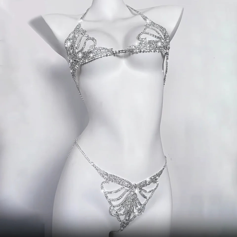 Diamond-encrusted Lingerie Body Chain Sexy Nightclub Rhinestone Chain Bra Thong Set 260109