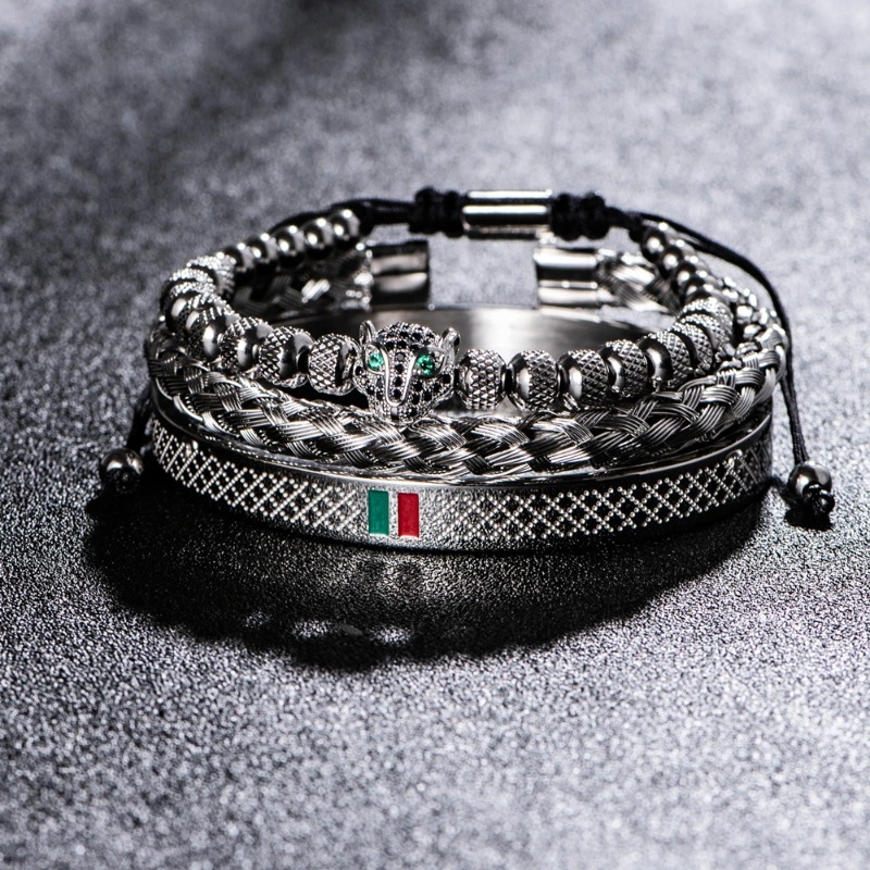 Micro Pave Leopard Head Bracelet Set For Men Stainless Steel Striped Bangle Trendy Versatile Jewelry Gift