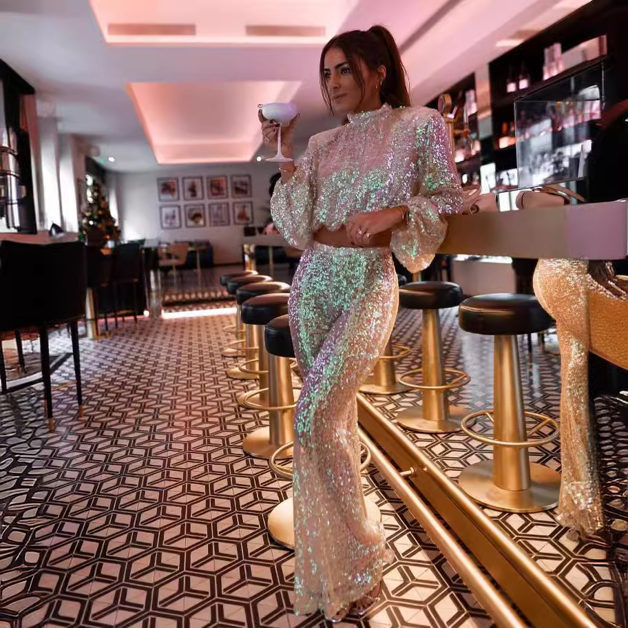 Iridescent Mermaid Color Sequin Two-Piece Set