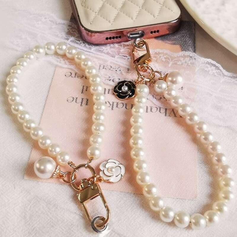 Double Layer Pearl Phone Wristlet with Camellia Pendant - Detachable Strap for Phones, Bags & Keys, Trendy Women's Accessory