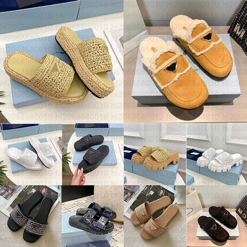 slippers luxury designer casual shoe sandals women men triangle sliders fashion sandal raffias straw weave platform shoes slide beach pool flat slipper