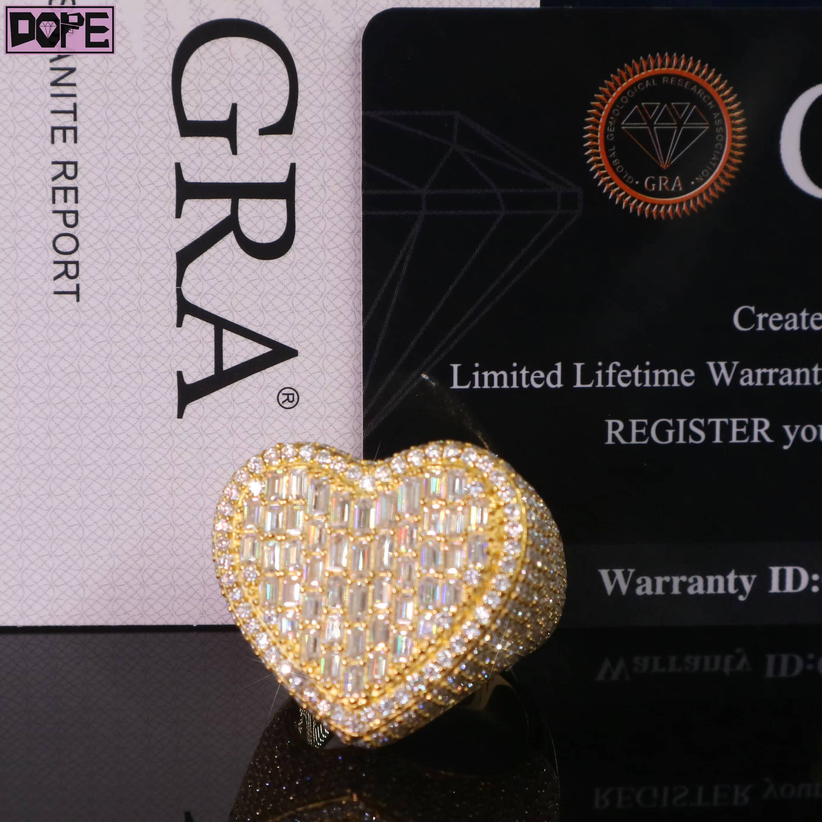 Hiphop Moissanite Ring Love Heart Shape Baguette Cut 925 Silver Vvs Iced Out Moissanite Ring
