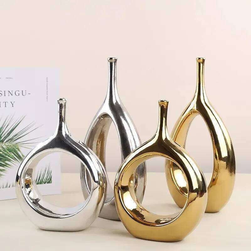 Ceramic Vase Gold Hollow Out Round Shape Flower Arrangement Hydroponics Accessories Handicraft Ornaments Wedding Vases C260116