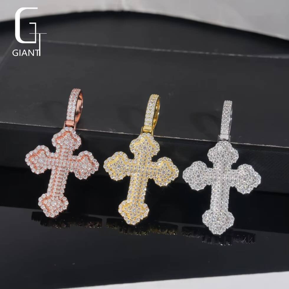 Rapper Hip Hop Round Brilliant Cut Moissanite Cross Pendant VVS Fine Jewelry for Men 925 Silver Moissanite Diamond Pendant