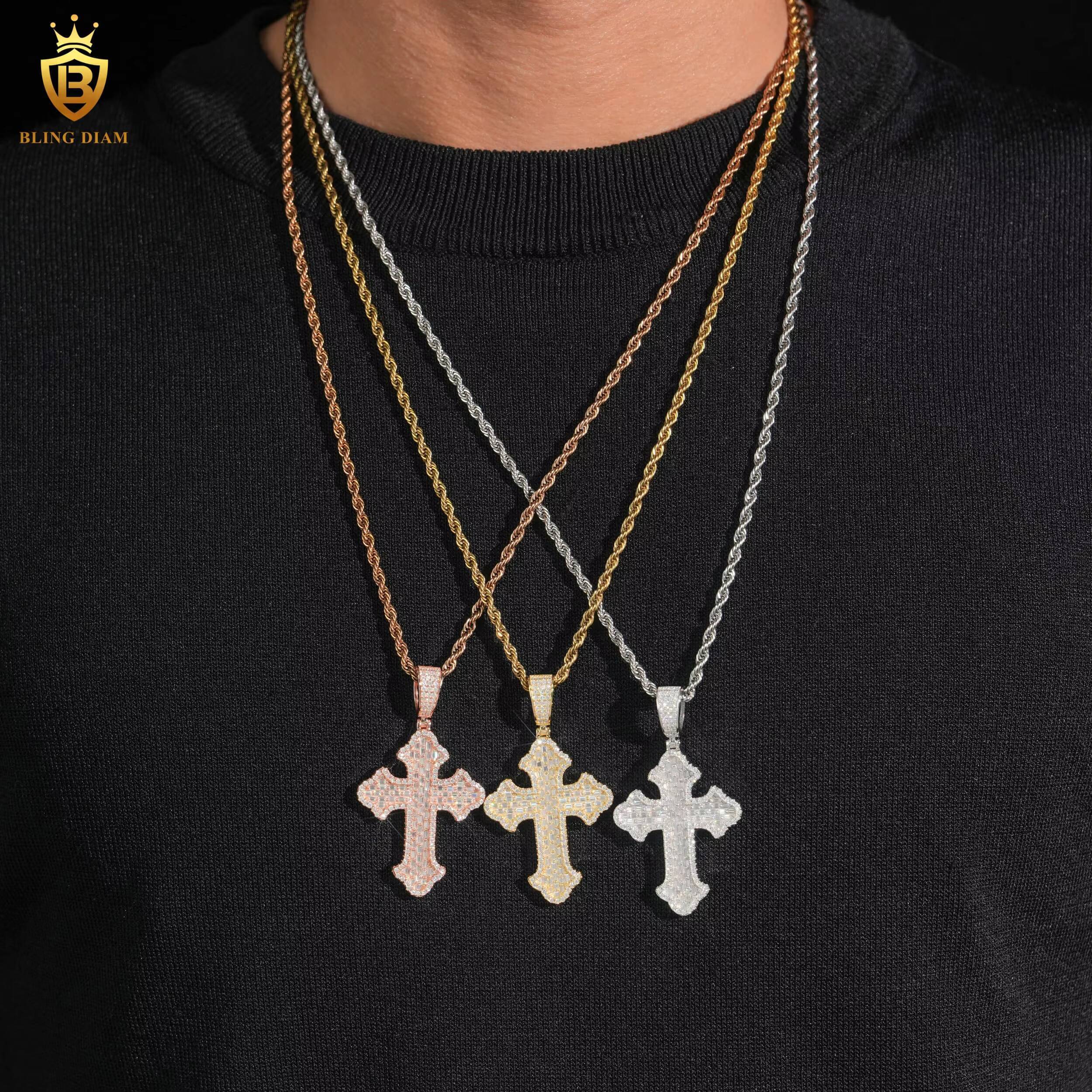925 Silver Hiphop Cross Pendant Charms Necklace Baguette Cut Moissanite Pendant Pass Diamond Test Fashion Pendants Charms