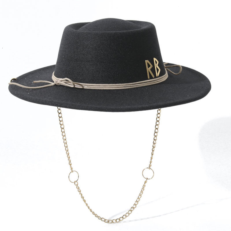 RB Letter Autumn Winter Felt Hat Felt Hat Round Ring Concave Top Chain Tie Top Hat 250611