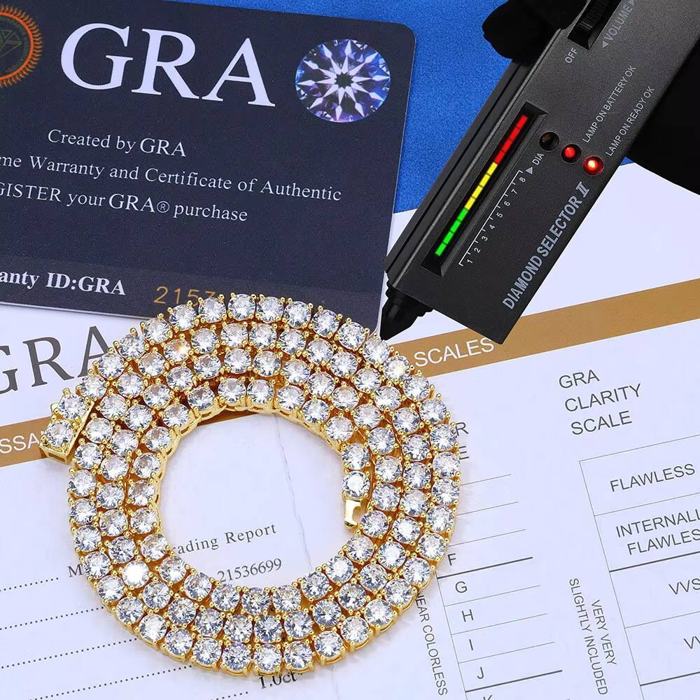 Mens Stylish 925 Silver Moissanite Tennis Chain Necklace Hip Hop Trendy Spring Clasp Great Gift for Parties Shows Brand