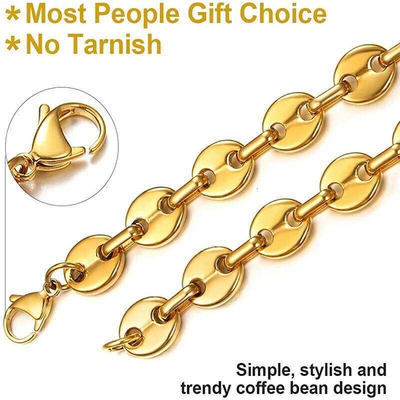 Valentine's Day New Coffee Beans Pig Nose Chain Bracelet Men Stainless Steel Jewelry Polished Strong Real Gold Plated Color 26W0116