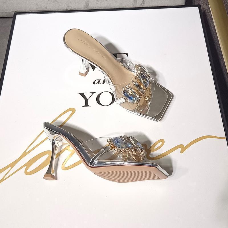 New Design 2026 Hots Women's Rhinestone Clear Strap Heeled Mules Silver/Champagne Square Toe Sandals