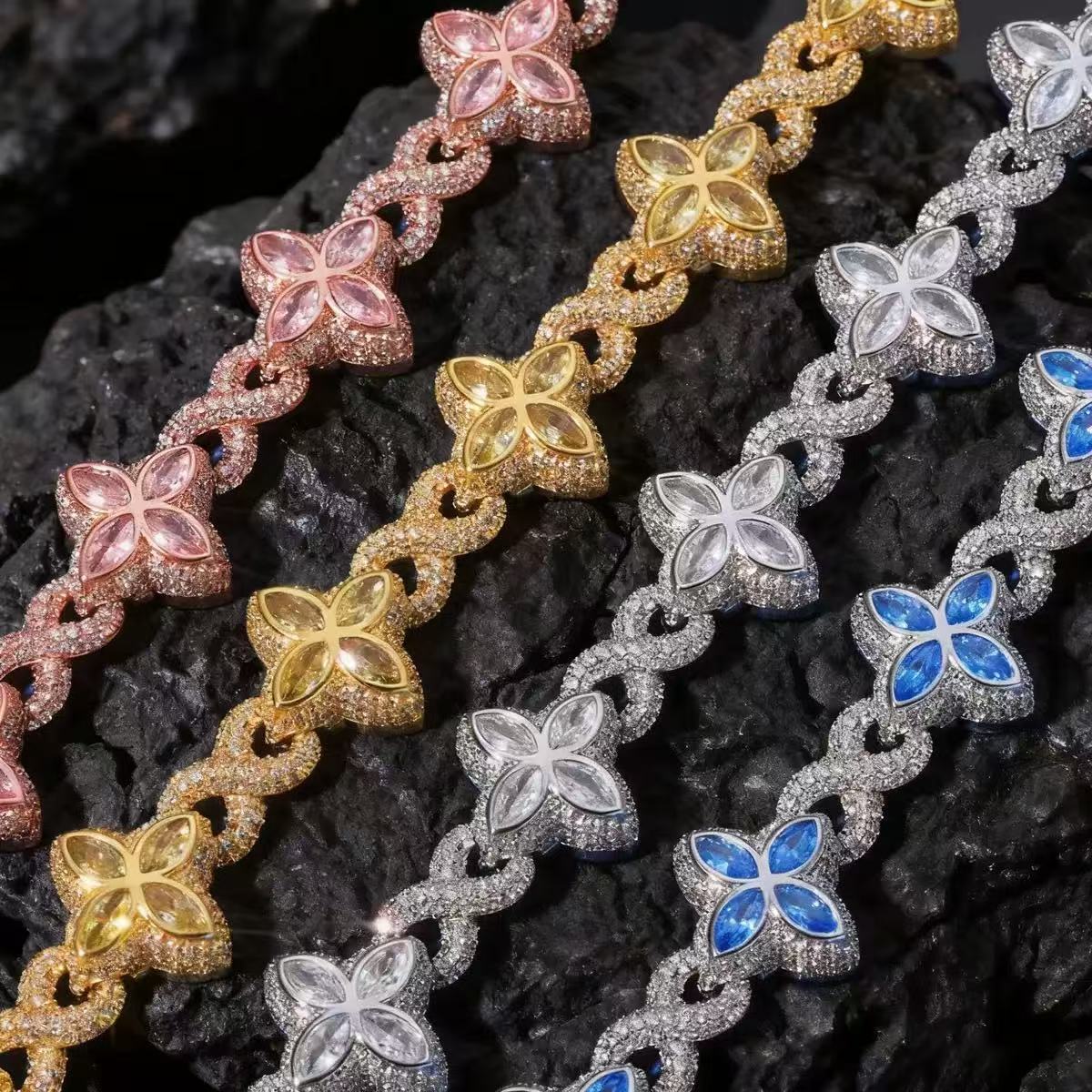 Fashion Style Unique Design Iced Out Hip Hop Jewelry S925 Silver Orange Moissanite Diamond Cleef Clover Infinity Cuban Bracelet