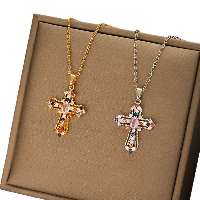 Necklace for Women Dainty Colorful Zircon Cross Pendant | Titanium Steel Clavicle Chain Fashion Daily Jewelry