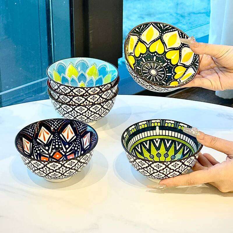 Bohemian Ceramic Bowls Set 4.72 Inch Microwave And Dishwasher Safe for Cereal Ice Cream Pasta Optional Gift Box