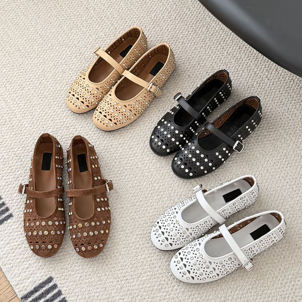 Top quality Round-toe real leather Cut-Outs Mary Jane Ballet Flat shoes with a strap crystal loafers ballerina Flat dress shoes Luxury designer shoes Vacation shoes