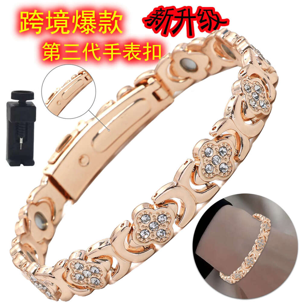 European and American Cross-Border Hot-Selling Fashion Light Luxury Lucky Clover Alloy Inlaid Diamond Single Row Magnetic Jewelry Bracelet for Women