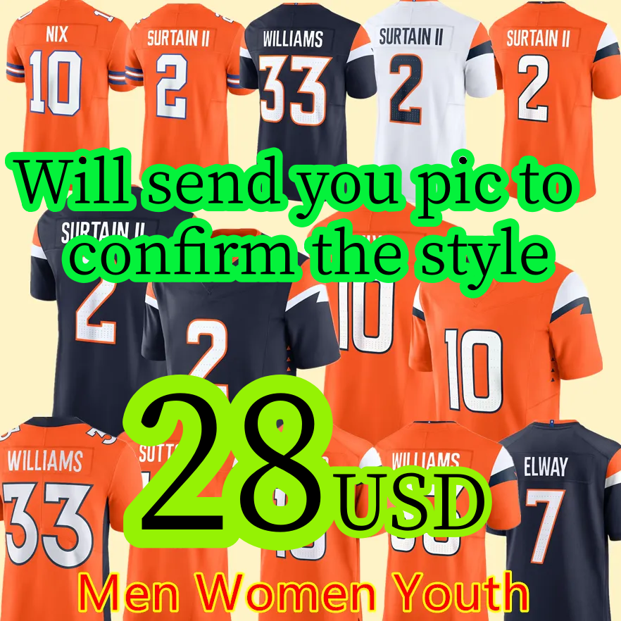 Stitched Bo Nix Patrick Surtain II Football Jerseys Courtland Sutton 7 Elway 15 Bonitto 33 Williamscustom any name number men women youth S-3XL jersey