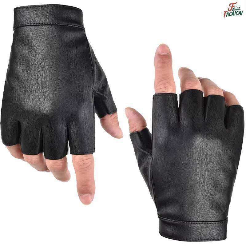 Black PU Leather Fingerless Cycling Gloves for Men Women Outdoor Sports Tactical Mittens Y260115