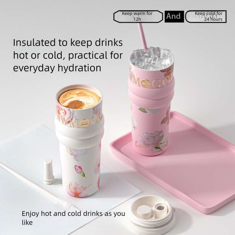 Floral Print Stylish Straw Insulated Water Bottle Large Capacity Portable For Women On The Go Car Friendly Ceramic Liner