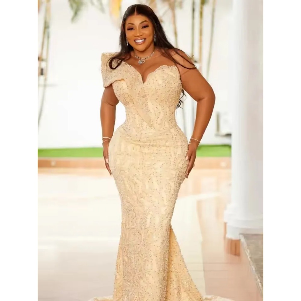 2026 Long Mermaid Prom Dresses Sequins Beaded Elegant One Shoulder Sheer Neck Special Occasion Formal Gowns Plus Size African Women Second Reception D