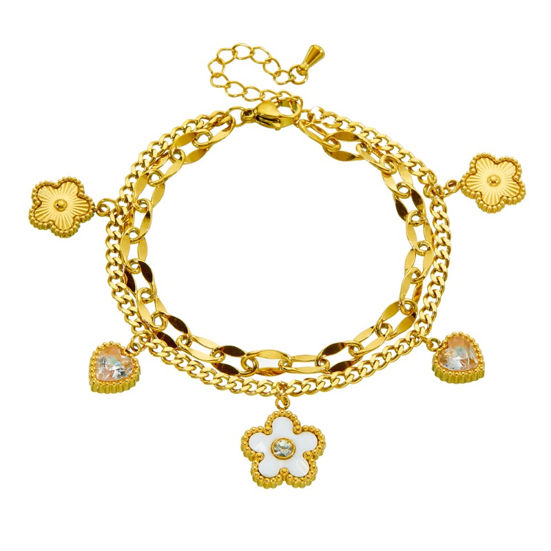 Trendy Minimalist Zircon Heart White Shell Flower Double Layer Stainless Steel Chain Bracelet for Women