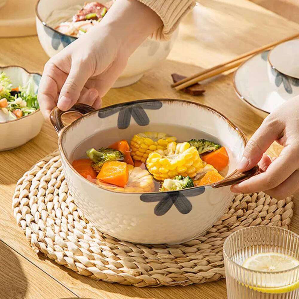 Household Noodle 1500ml Ceramic Soup With Handle Salad Pasta Fruit Bowl Kitchen Tableware Microwave Oven Bakware