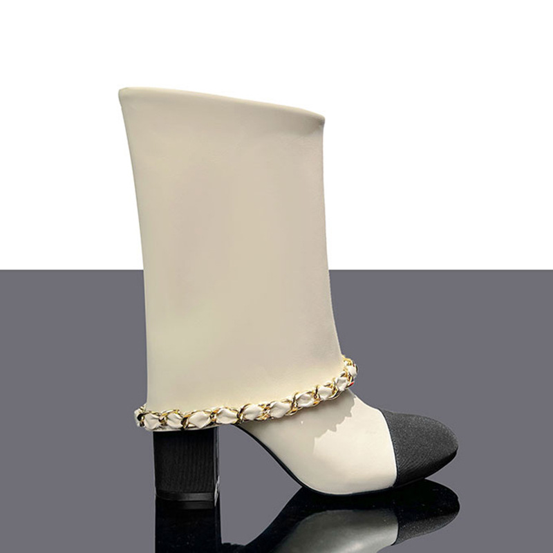 Luxury Fashion Boot 2026 Women's White & Black Mid-Calf Boots Chain Detail Buckle Strap Fashion Daily Wear Boots