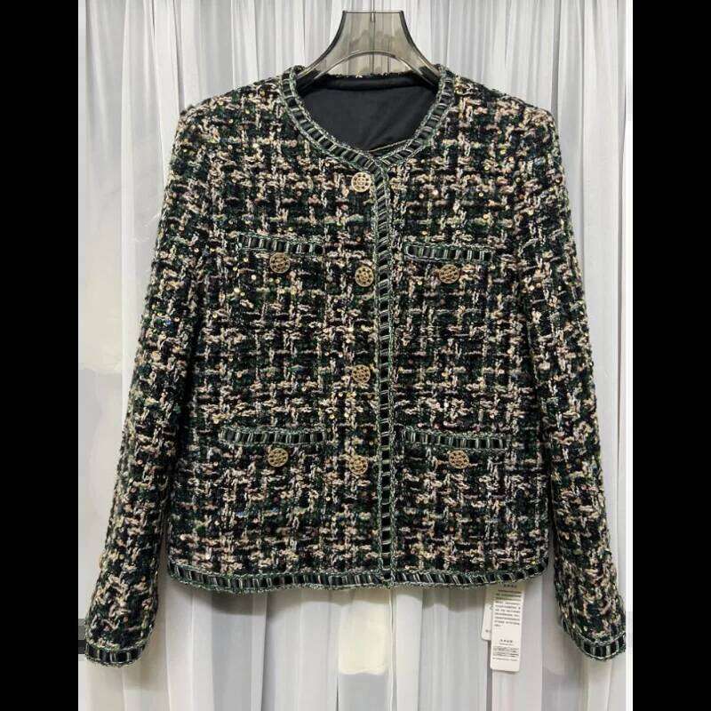 French Vintage Small Fragrance Jacket Women Spring Autumn High Quality Casual Loose Dark Green Tweed Long Sleeve Coat DREAM RECALL - view 4