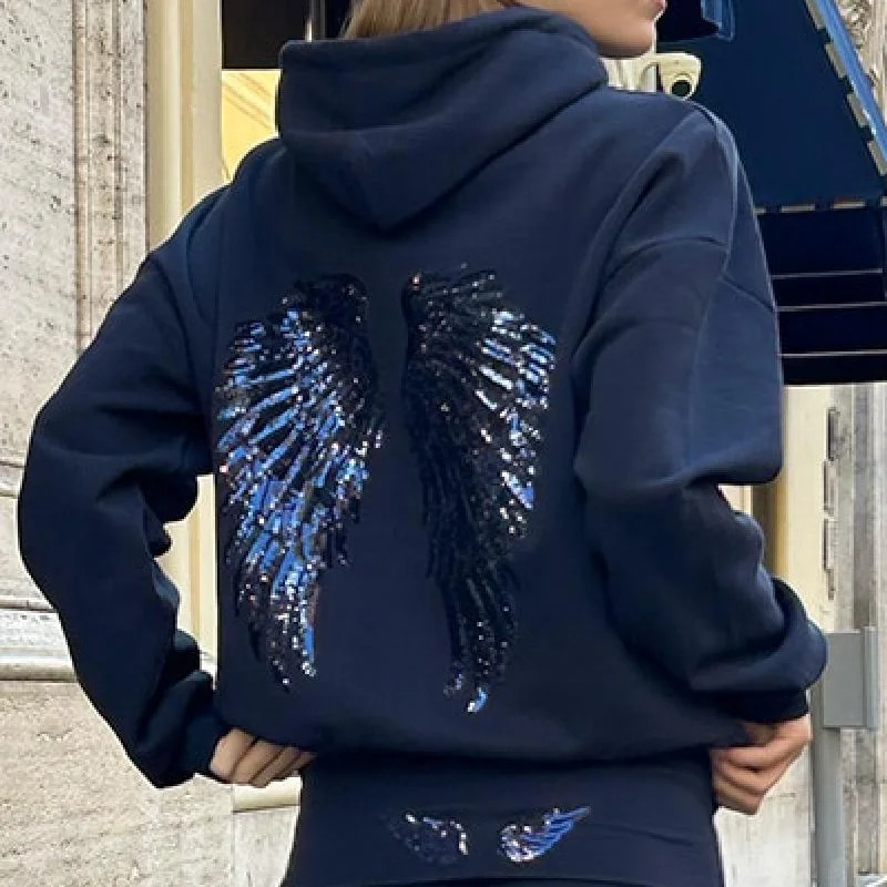 Women Fashion Sequin Angel Wings Printed Hoodies Casual Long Sleeved Hooded Solid Color Tops High Street Y2k Outwear 260116