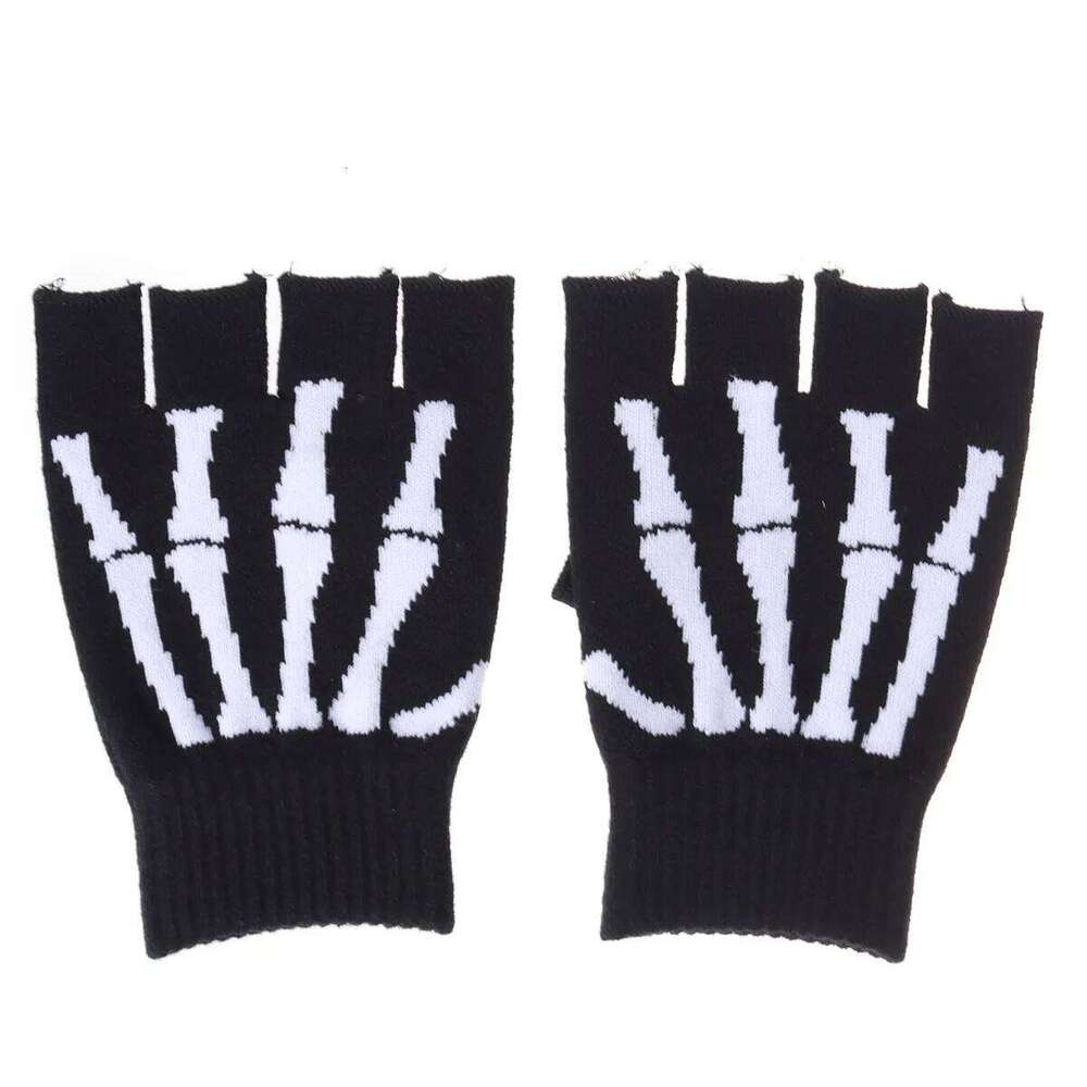Halloween Hand Bone Cycling Unisex Pattern Knit Gloves Half Finger Glove Y260115
