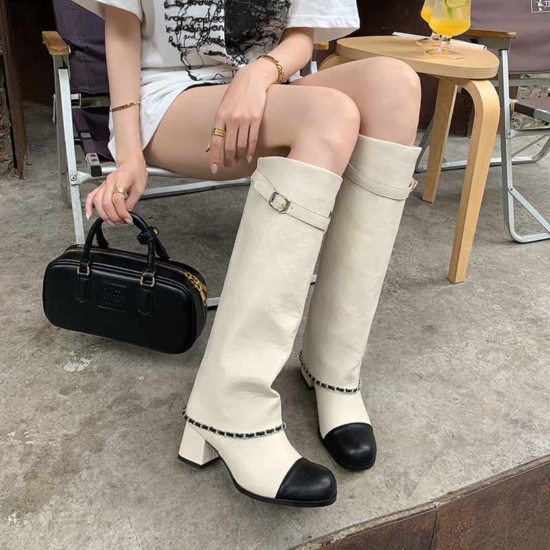 Luxury Fashion Boot 2026 Women's White & Black Mid-Calf Boots Chain Detail Buckle Strap Fashion Daily Wear Boots