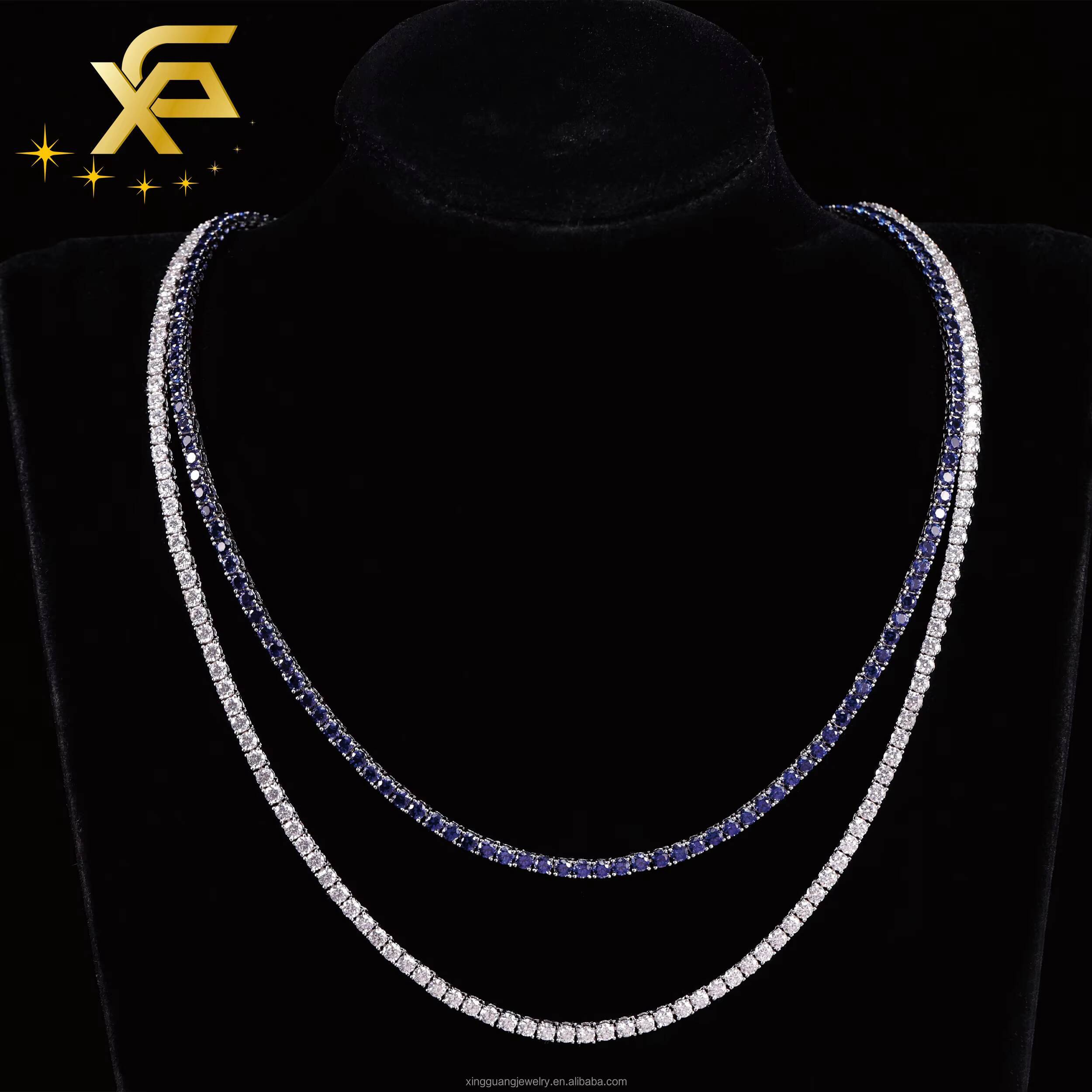 Fine Jewelry Blue Diamond Tennis Chain for Men Women 3mm Wide S925 Silver Blue Diamond Tennis Link Chain Necklace