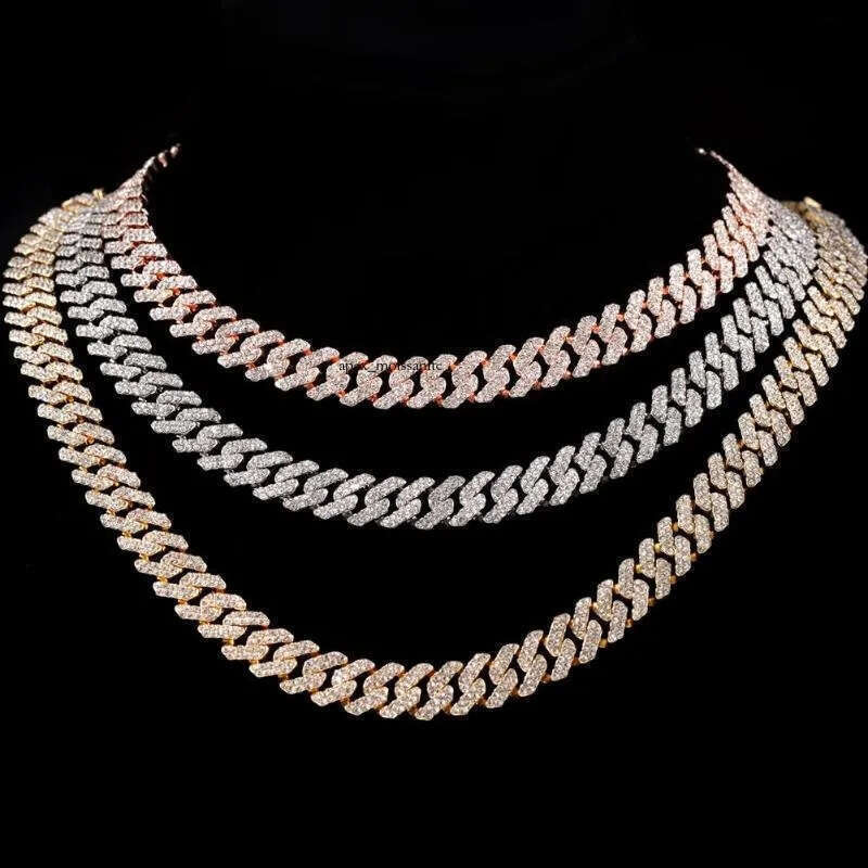 Chains 12MM Rose Gold Color Miami Cuban Link Chain Necklace Bracelet Iced Out Bling Rhinestone Choker Women Men Hip Hop Jewelry cf