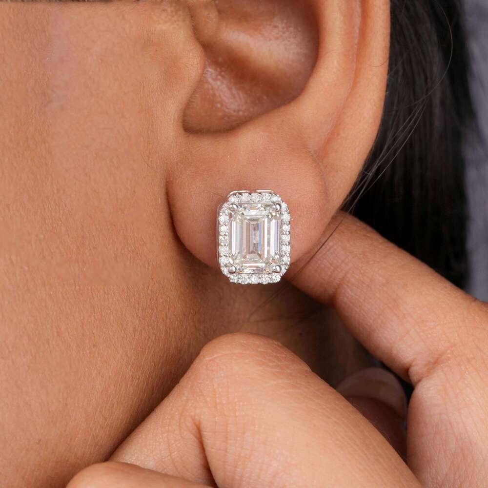 Valentine's Day FEOBUR 0.5/1/2ct Emerald Cut Halo Moissanite Stud Earrings 925 Diamond Rectangular Earring Women Bri 26H0115