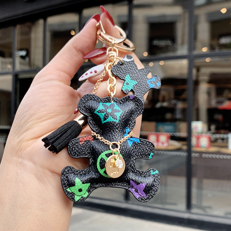 2026 Cute Cat and Bear Keychain PU Leather Colorful Pattern Tassel Rhinestone Pendant Bag Car Decor