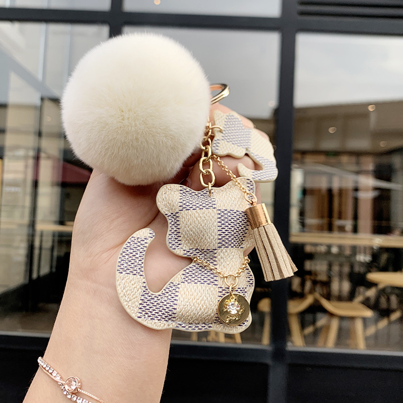 keychains new 2026 Cute Bear and Cat Keychain Checkered PU Leather Fur Pom-pom Coin Tassel Bag Car Decor - view 6