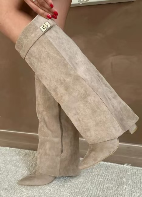 Designer Metal Buckle Mid-Calf Large Size Chunky Heel Trousers Women's Boots