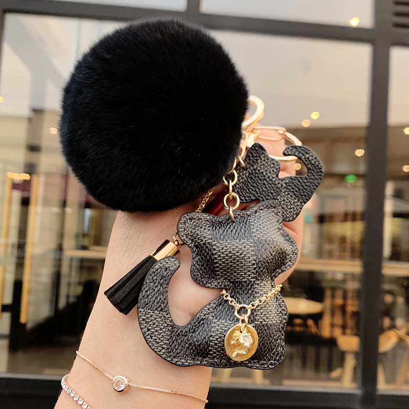keychains new 2026 Cute Bear and Cat Keychain Checkered PU Leather Fur Pom-pom Coin Tassel Bag Car Decor - view 5