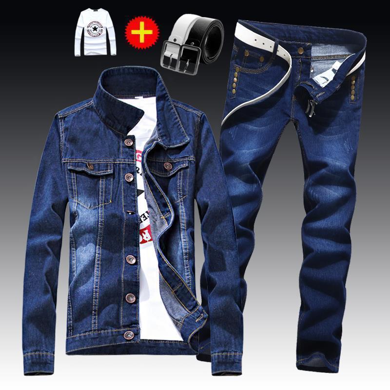 Fashionable mens washed denim jacket jeans pants 2-piece set decal long sleeved jacket casual slim fit mens clothing S-XXXL autumn 240824bj