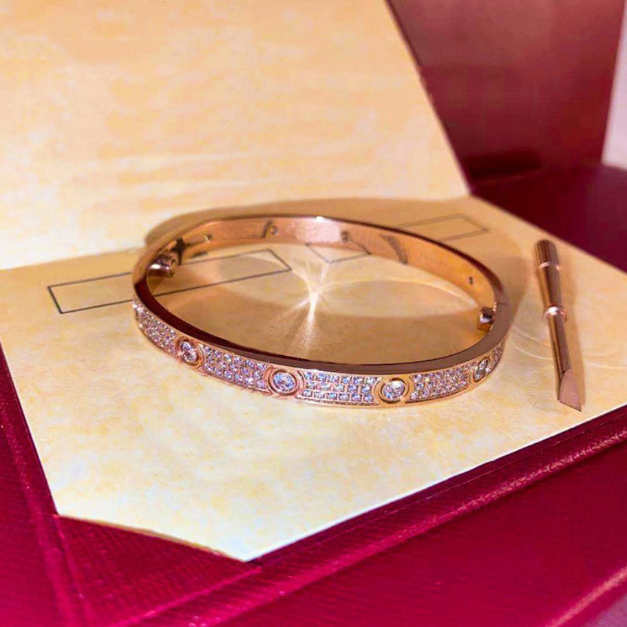 Luxury Top Fine Brand Pure 925 Sterling Silver Jewelry For Women Bangle Thin Design Rose Gold Diamond Love Bangle Wedding Engagement Three Row Diamond Bracelet