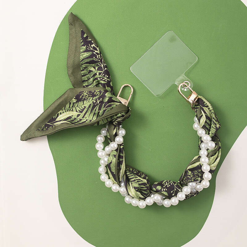 Trendy Ins Style Pearl Beaded Phone Lanyard - European American Silk Scarf Woven Anti-Lost Shoulder Strap