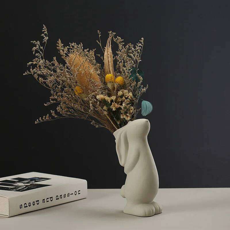 20.3cm Nordic White Ceramic Decoration Dried Vase Foyer Desktop Study Cute Rabbit Ornament Living Room Flower Planter C260116